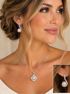 Genuine Freshwater Metallic Pearls 925 Sterling Silver CZ Necklace & Earring Set